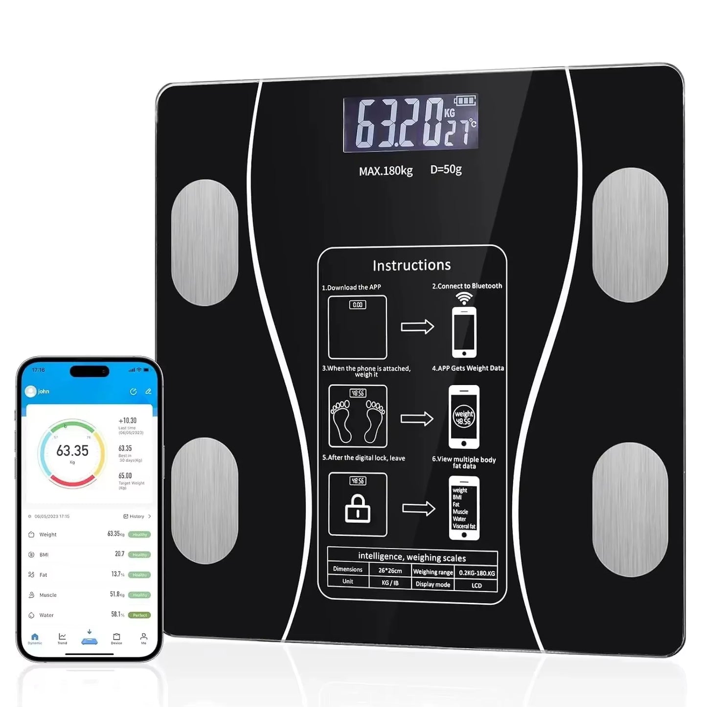(Top Selling) Smart Weight Scale with Bluetooth Connectivity for Bodymetrics Monitoring