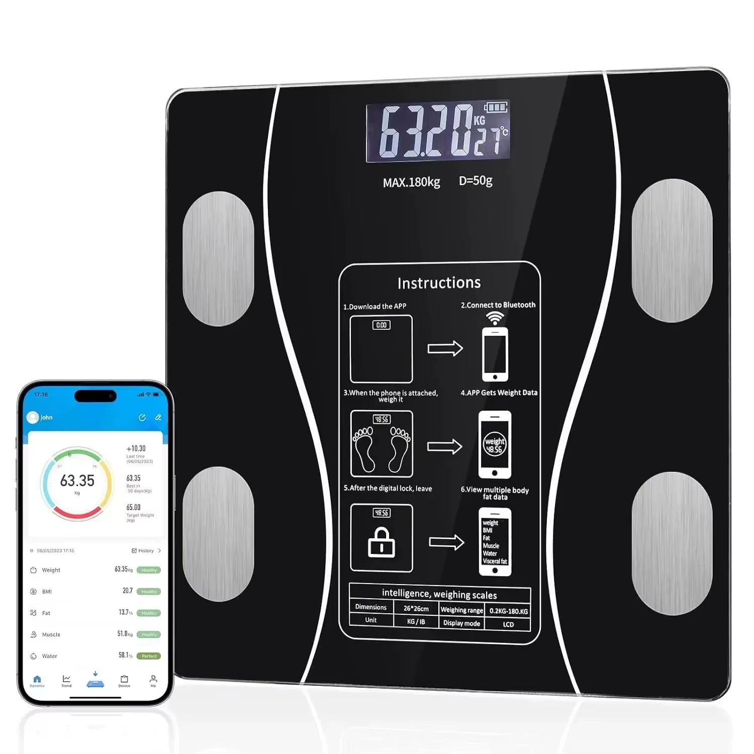 (Top Selling) Smart Weight Scale with Bluetooth Connectivity for Bodymetrics Monitoring