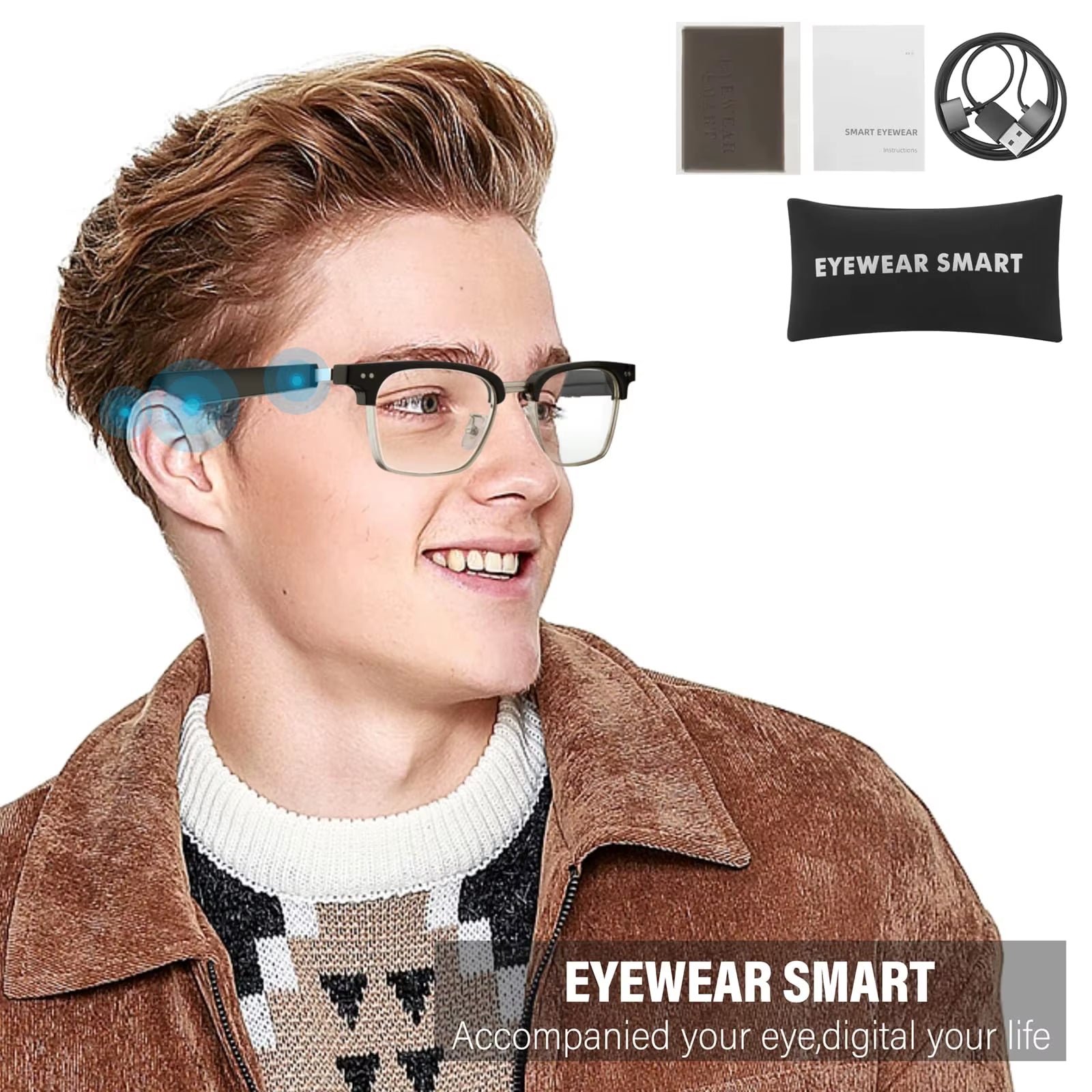 Smart Glasses Bluetooth Glasses Audio Glasses with Speakers Music Glasses, Touch Voice Assistant, Blue Light Lenses