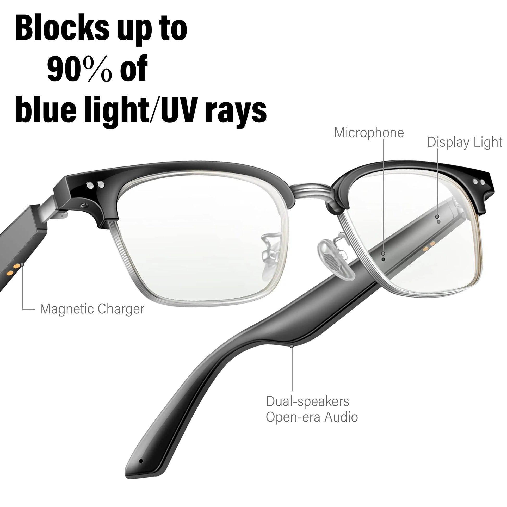 Smart Glasses Bluetooth Glasses Audio Glasses with Speakers Music Glasses, Touch Voice Assistant, Blue Light Lenses